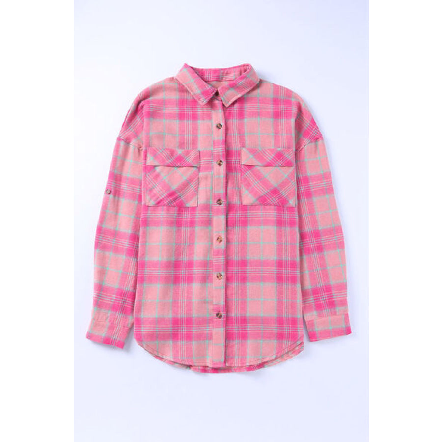 Plaid Button Up Dropped Shoulder Shirt Carnation Pink / S Apparel and Accessories