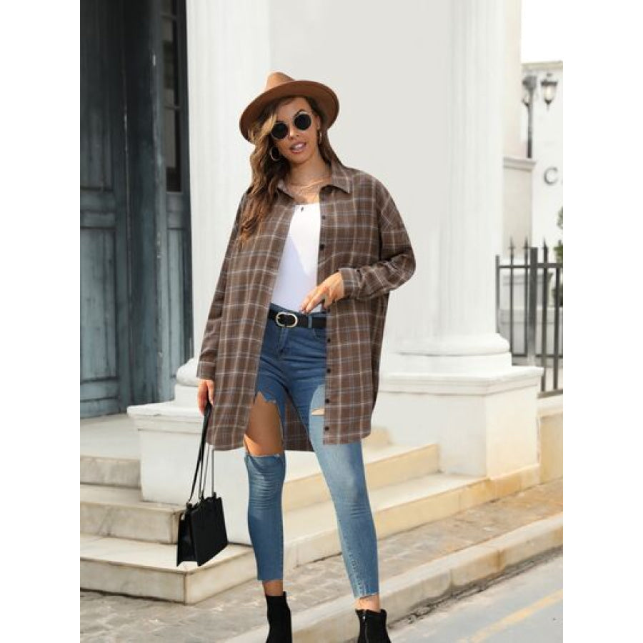 Plaid Button Up Dropped Shoulder Shirt Clothing