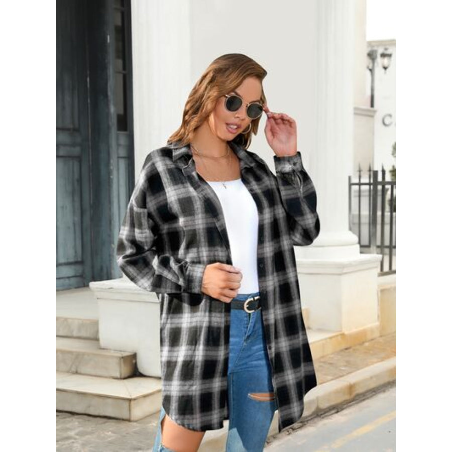 Plaid Button Up Dropped Shoulder Shirt Clothing