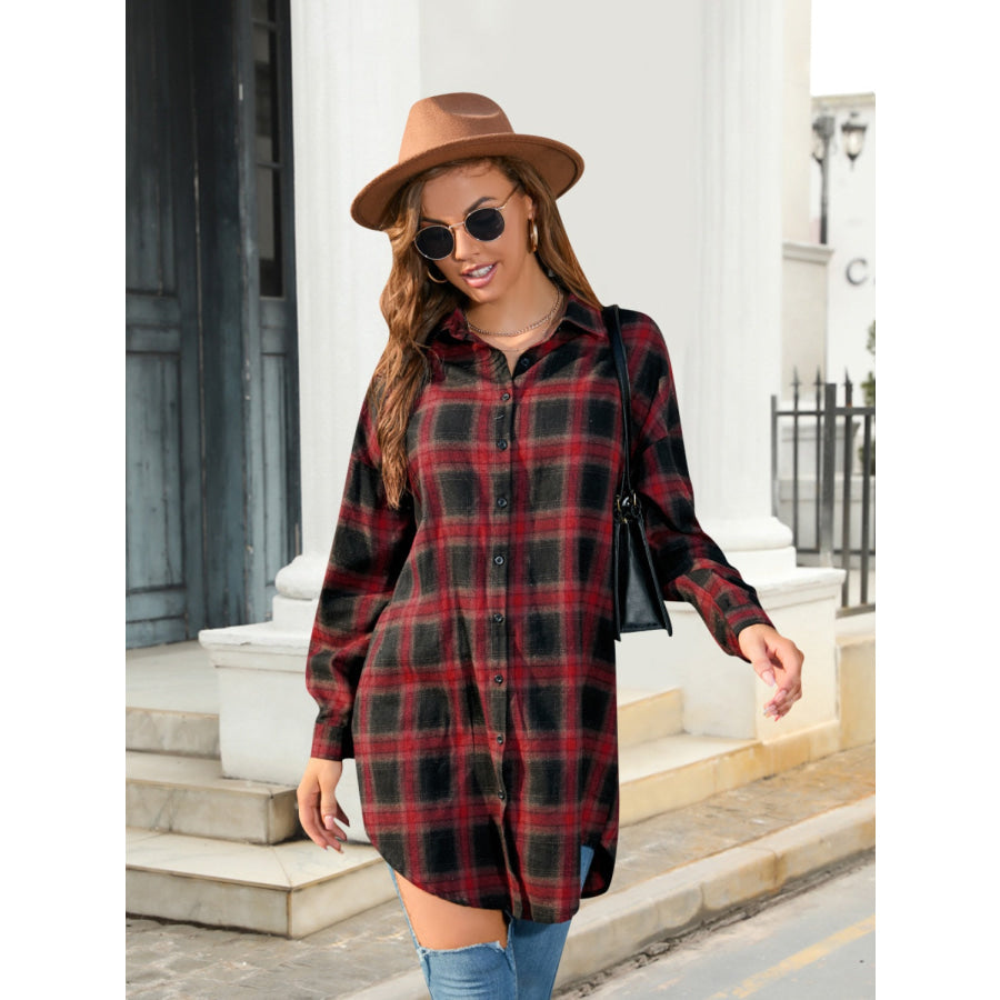 Plaid Button Up Dropped Shoulder Shirt Deep Red / 3XL Clothing