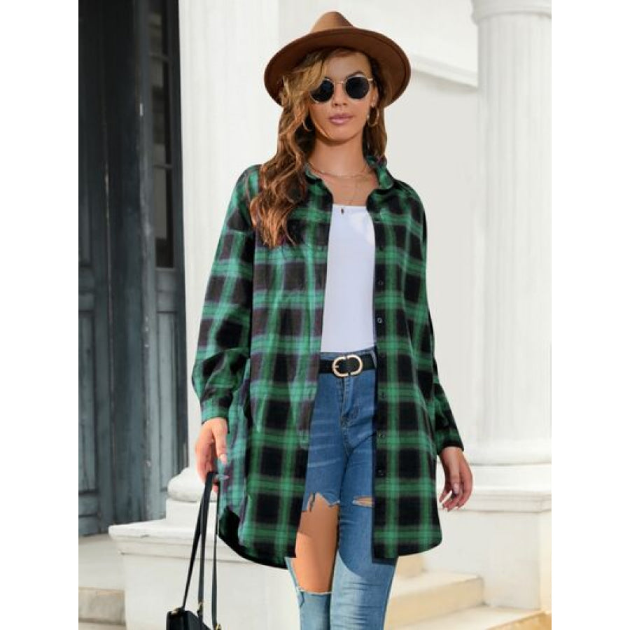 Plaid Button Up Dropped Shoulder Shirt Green / S Clothing