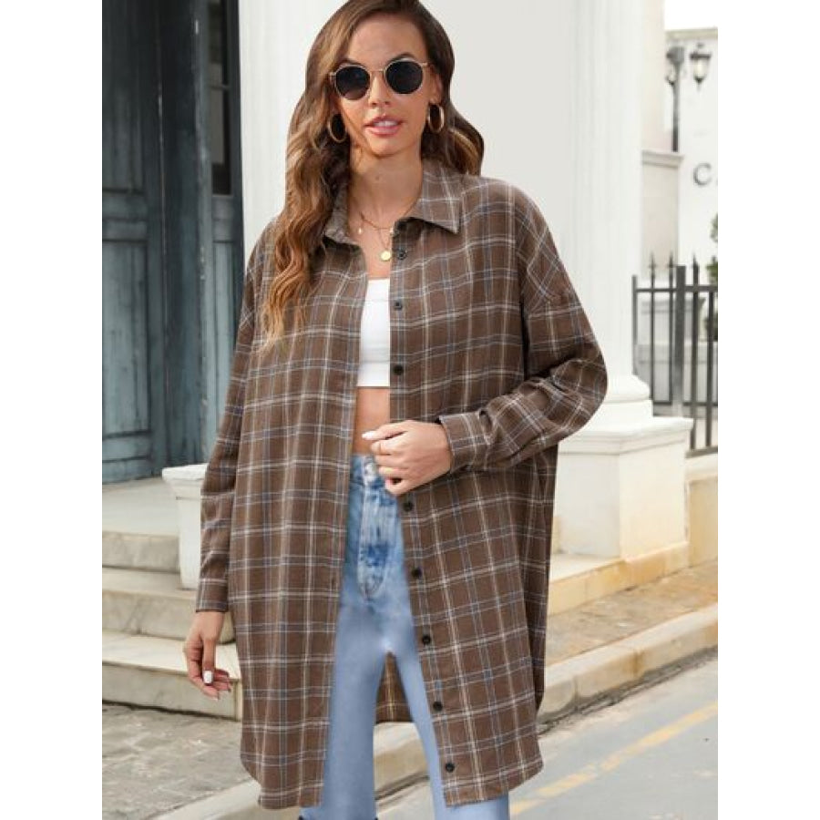 Plaid Button Up Dropped Shoulder Shirt Mocha / S Clothing