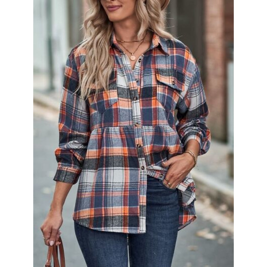 Plaid Button Up Dropped Shoulder Shirt Pumpkin / S Apparel and Accessories