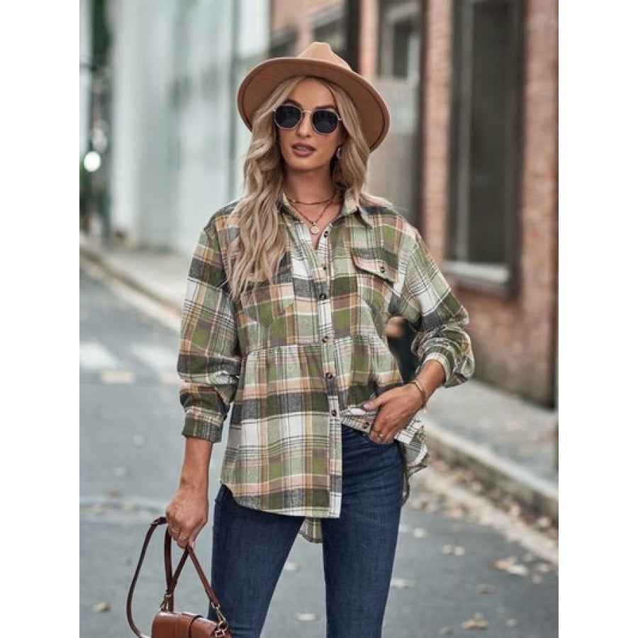 Plaid Button Up Dropped Shoulder Shirt Sage / S Apparel and Accessories