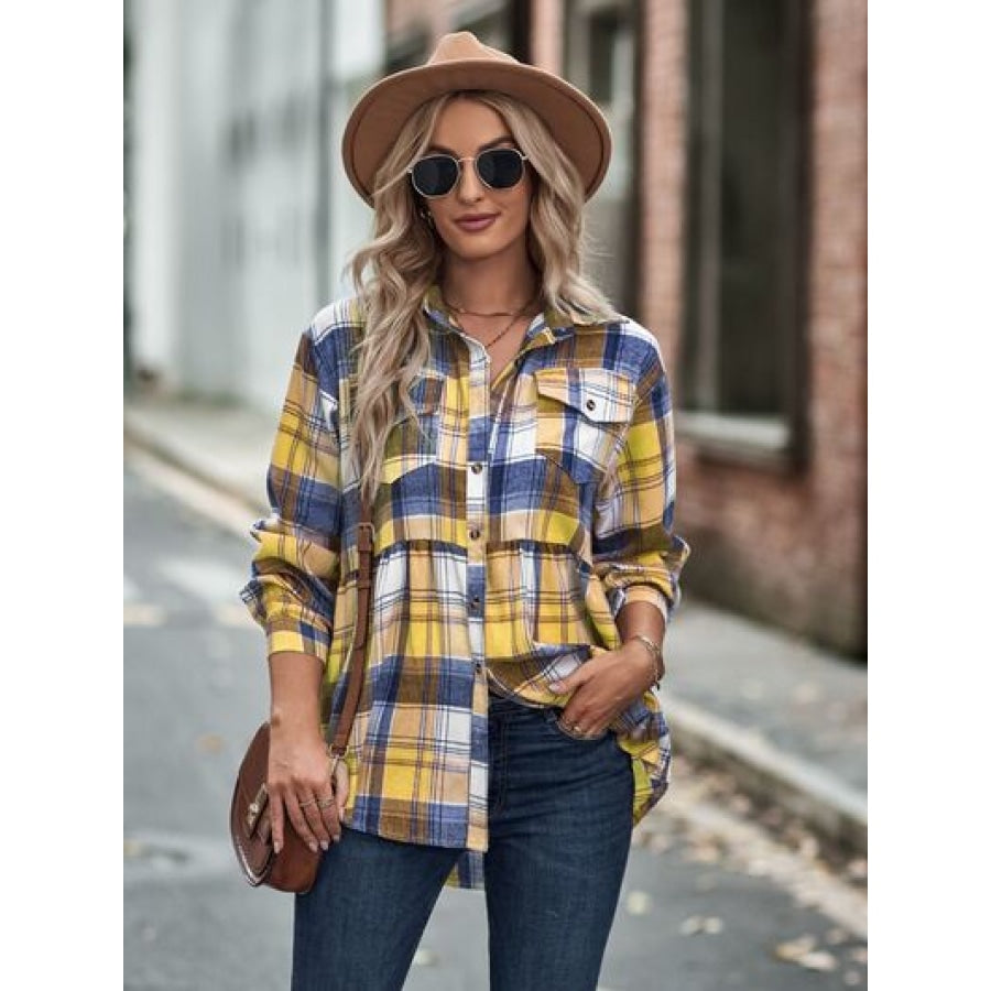 Plaid Button Up Dropped Shoulder Shirt True Yellow / S Apparel and Accessories