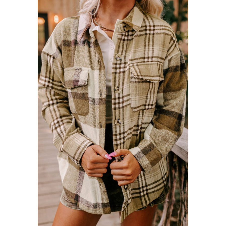 Plaid Button Up Flap Pocket Shacket Camel / S Apparel and Accessories