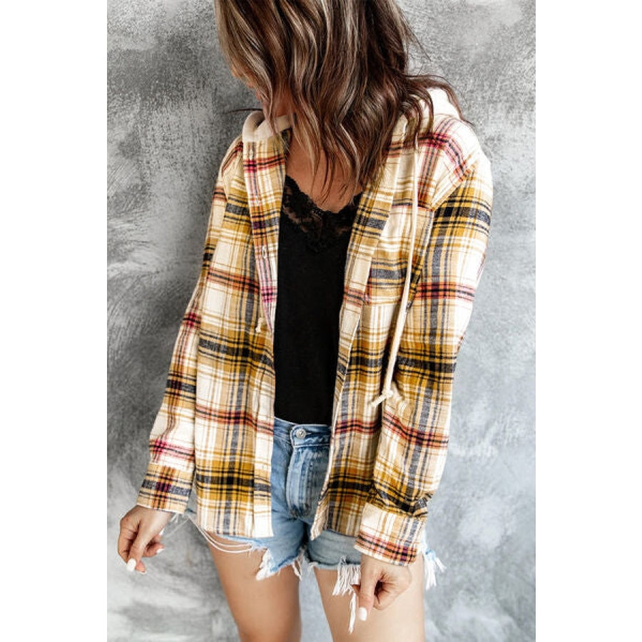 Plaid Button Up Hooded Jacket Tan / S Clothing