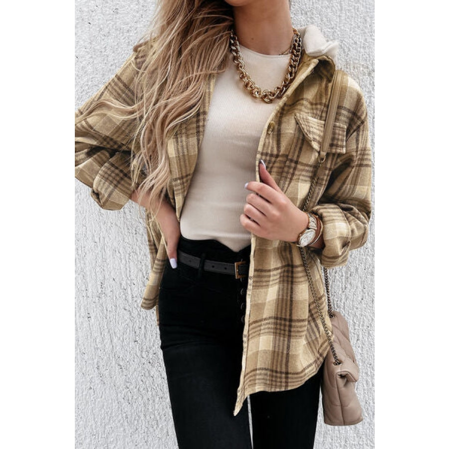 Plaid Button Up Hooded Jacket with Pockets Clothing