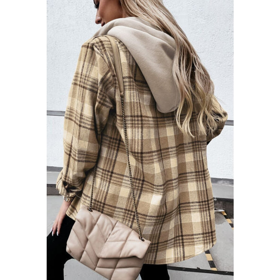 Plaid Button Up Hooded Jacket with Pockets Clothing