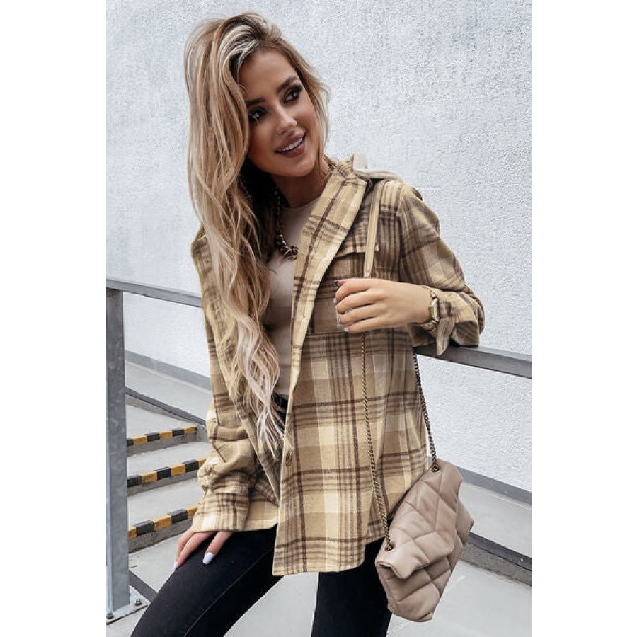 Plaid Button Up Hooded Jacket with Pockets Clothing