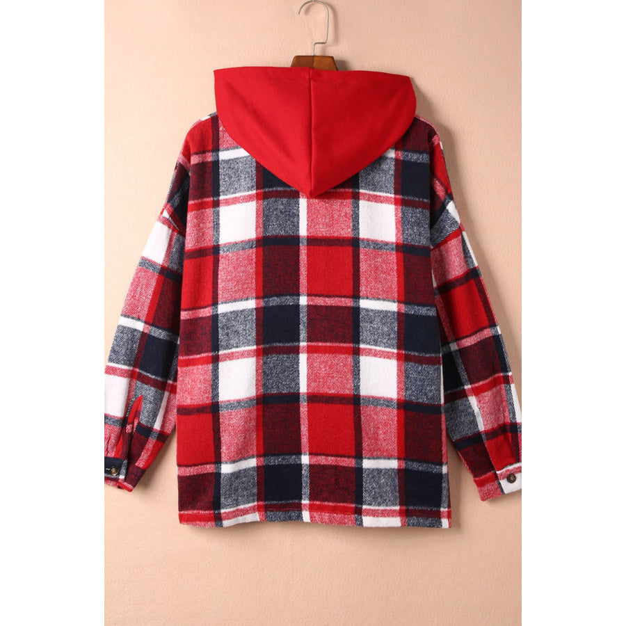 Plaid Button Up Hooded Shacket Apparel and Accessories