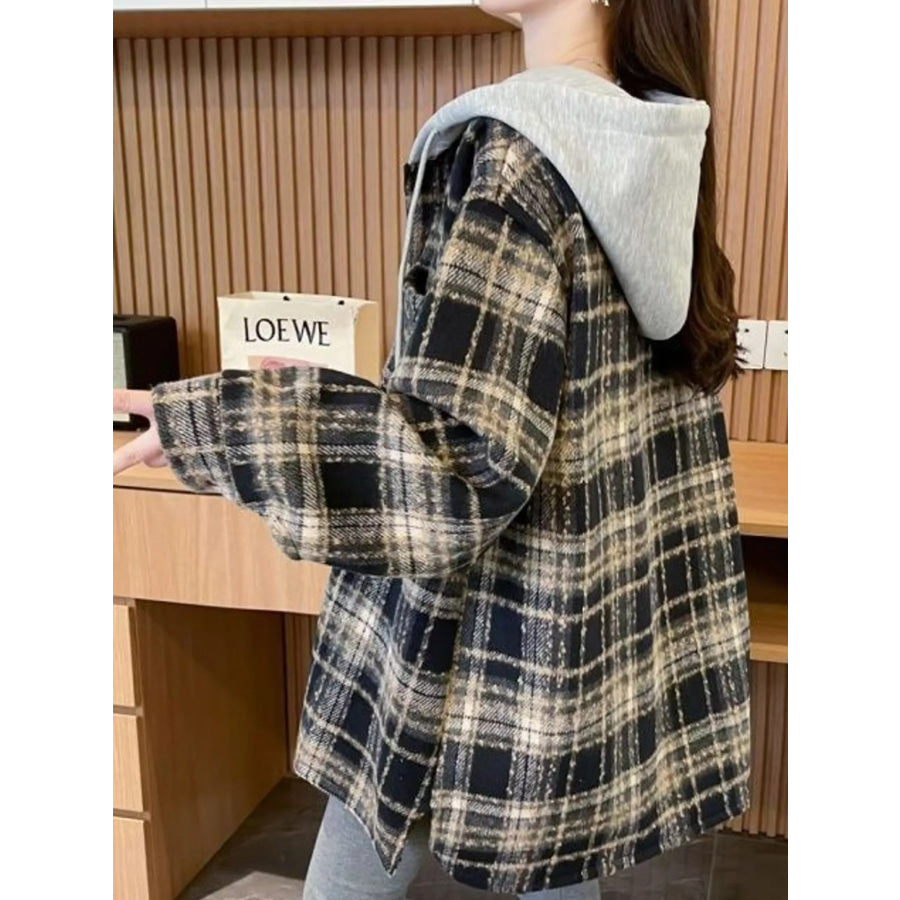 Plaid Button Up Hooded Shacket Apparel and Accessories