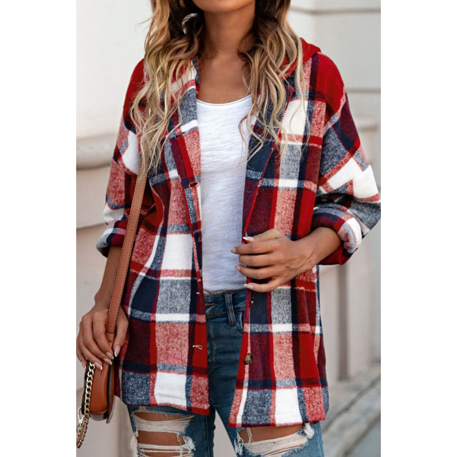 Plaid Button Up Hooded Shacket Apparel and Accessories