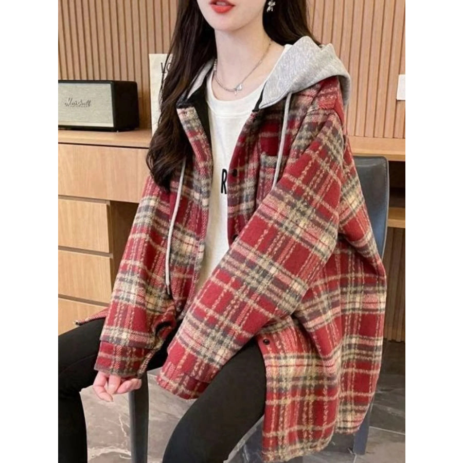 Plaid Button Up Hooded Shacket Apparel and Accessories