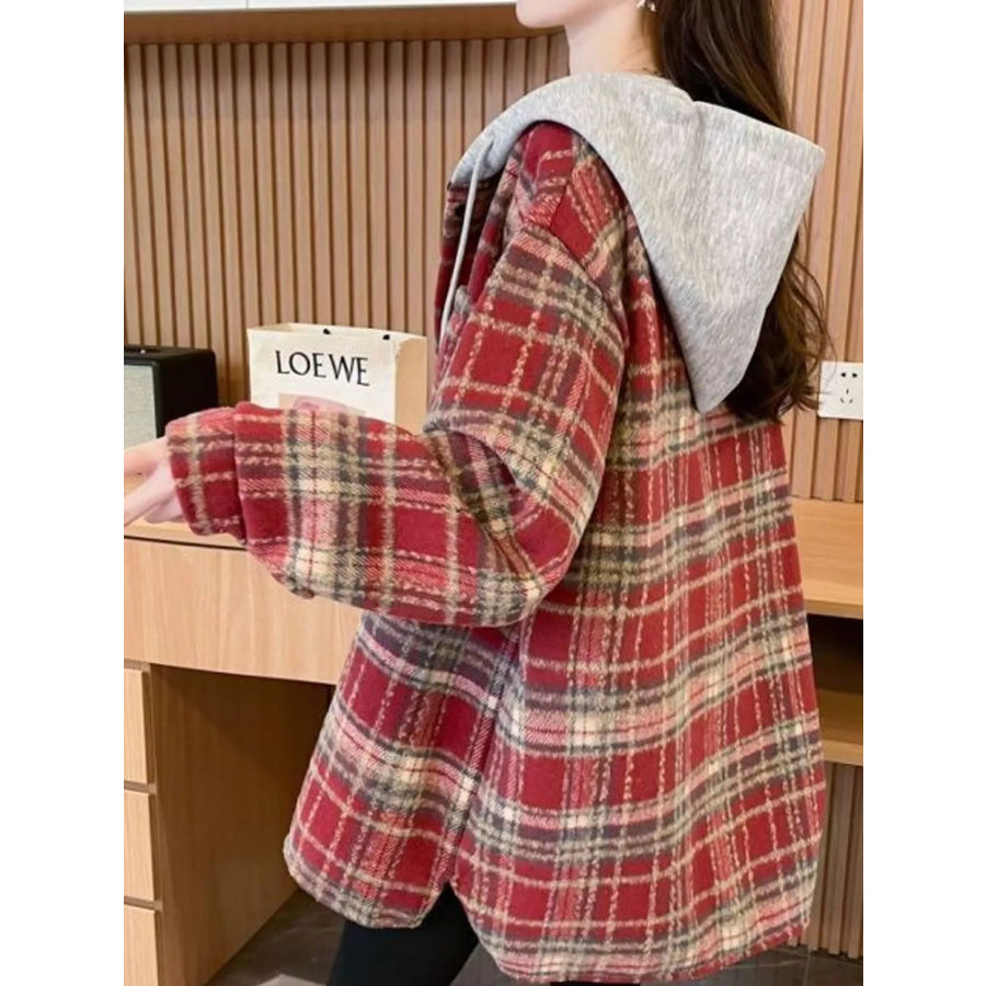 Plaid Button Up Hooded Shacket Apparel and Accessories