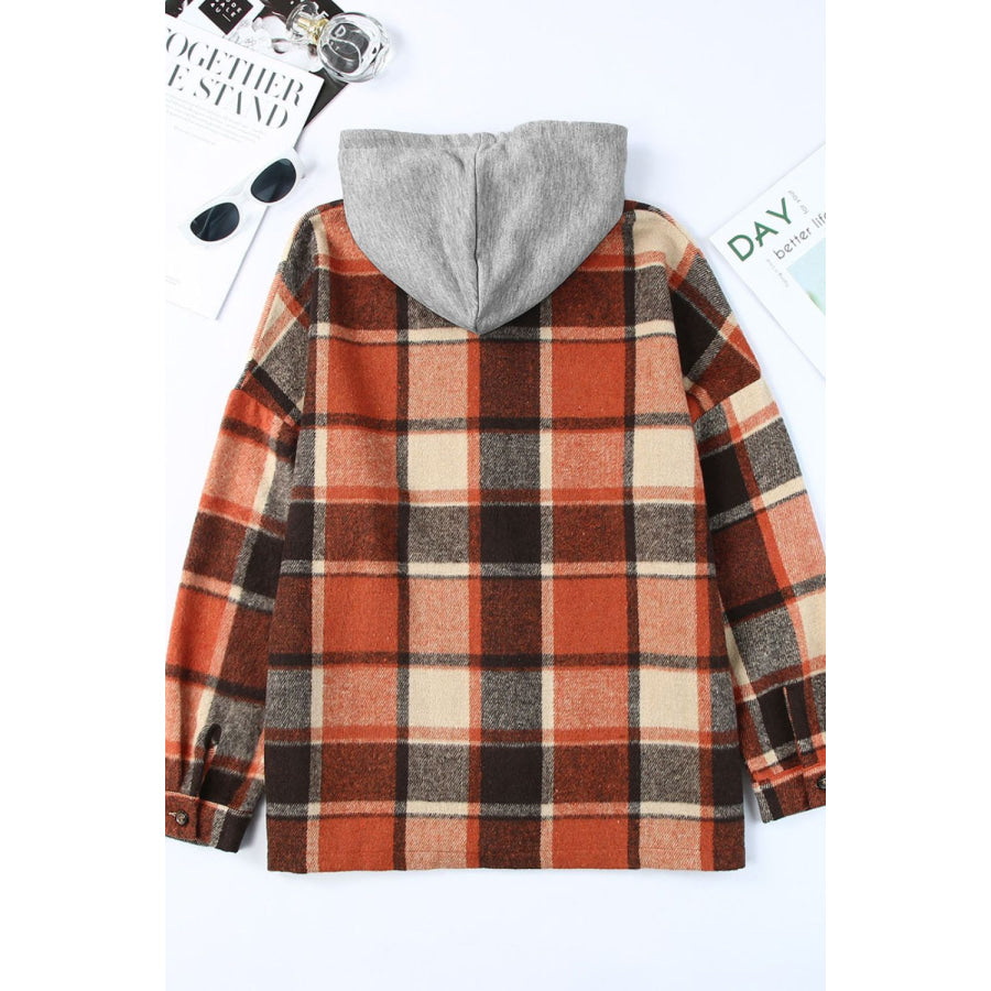 Plaid Button Up Hooded Shacket Apparel and Accessories