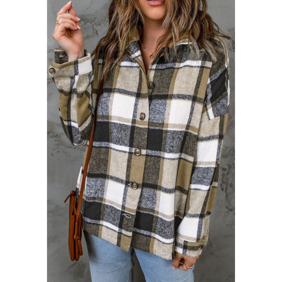 Plaid Button Up Hooded Shacket Apparel and Accessories