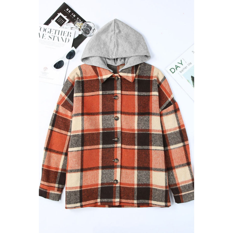 Plaid Button Up Hooded Shacket Apparel and Accessories