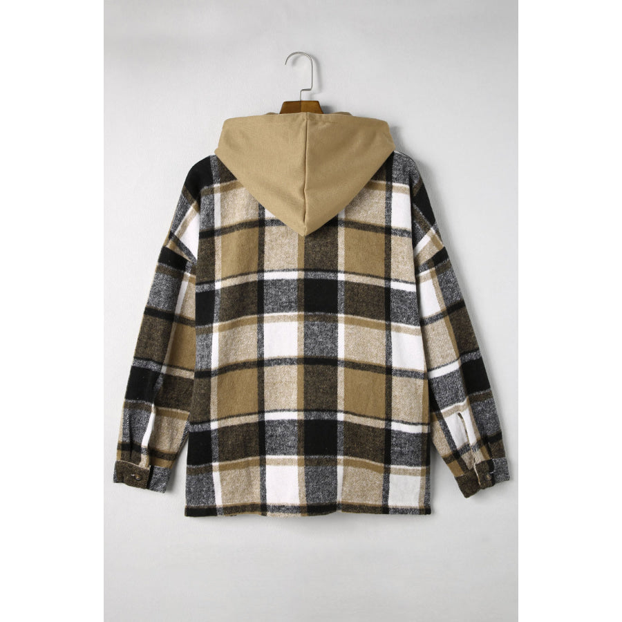 Plaid Button Up Hooded Shacket Apparel and Accessories