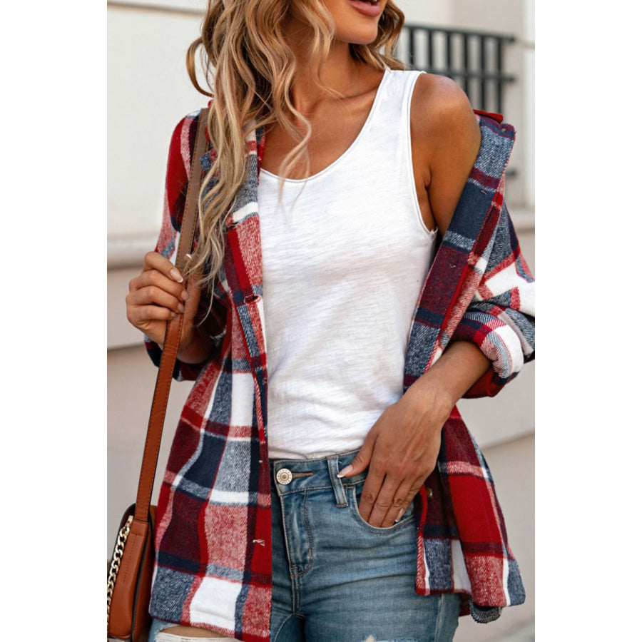 Plaid Button Up Hooded Shacket Apparel and Accessories