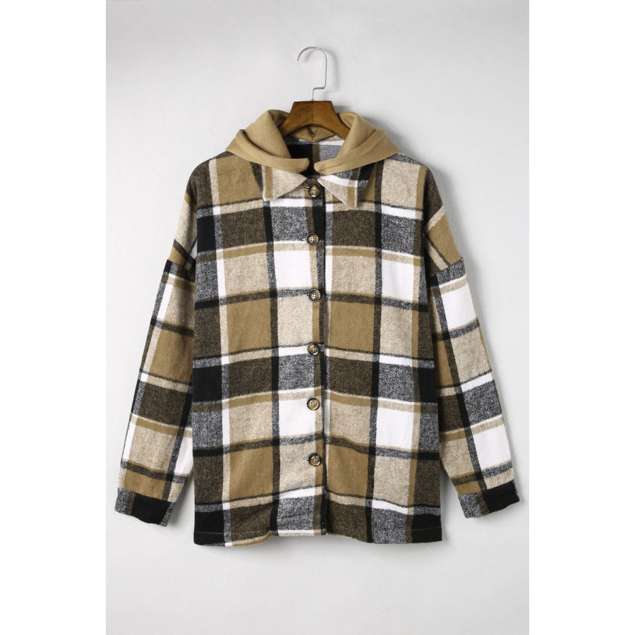 Plaid Button Up Hooded Shacket Apparel and Accessories