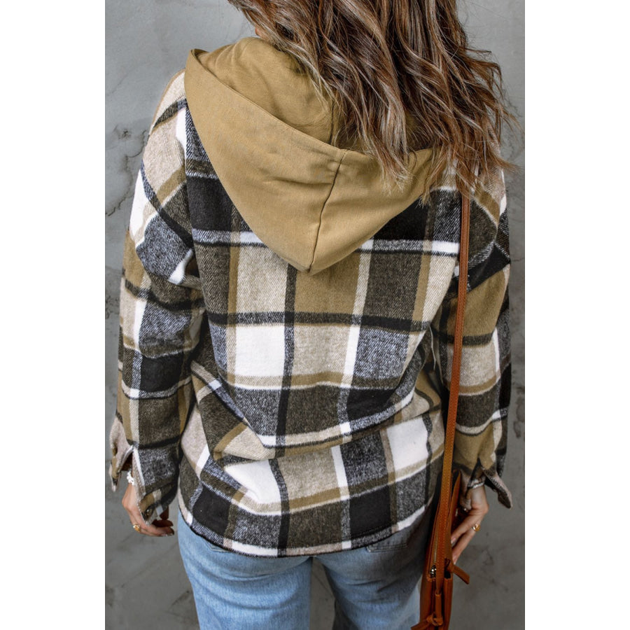 Plaid Button Up Hooded Shacket Apparel and Accessories