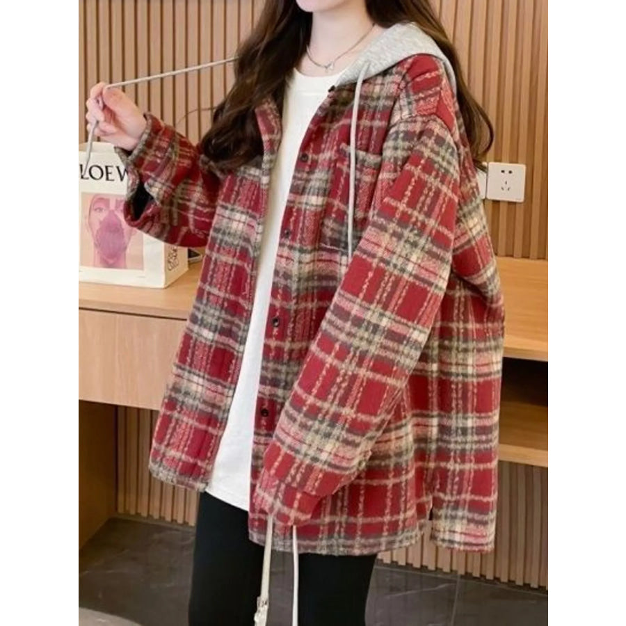 Plaid Button Up Hooded Shacket Apparel and Accessories