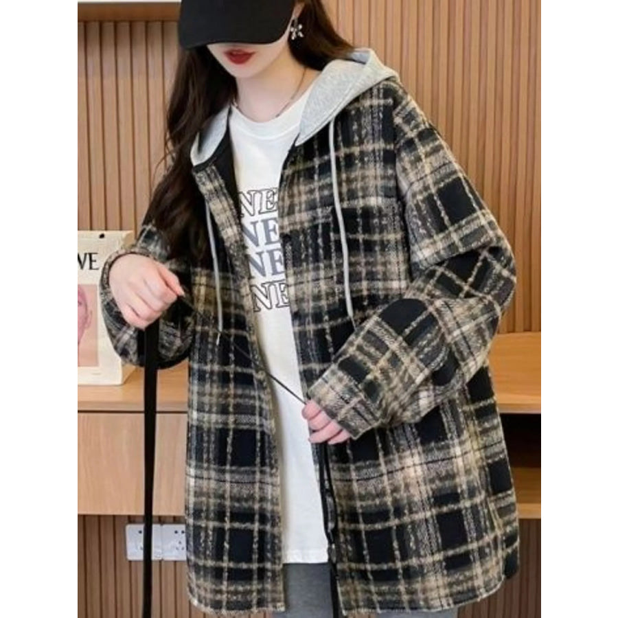 Plaid Button Up Hooded Shacket Apparel and Accessories