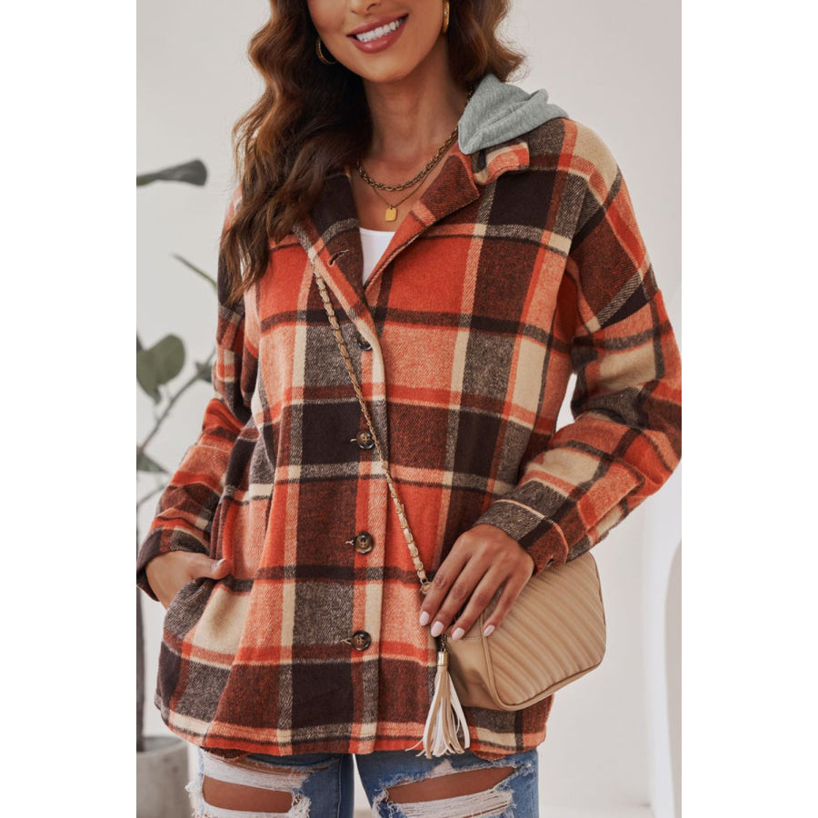 Plaid Button Up Hooded Shacket Apparel and Accessories