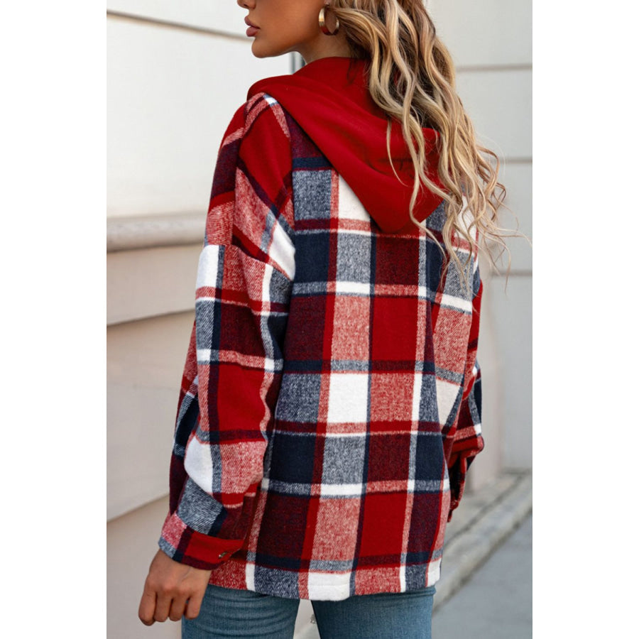 Plaid Button Up Hooded Shacket Apparel and Accessories