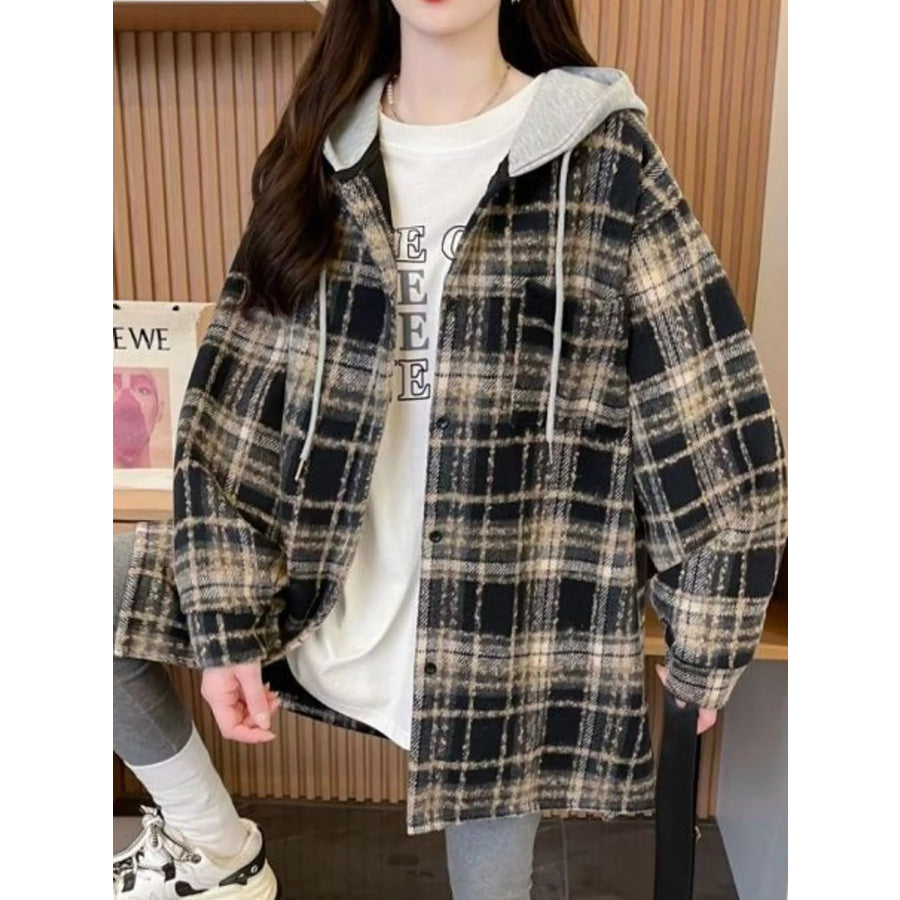 Plaid Button Up Hooded Shacket Apparel and Accessories