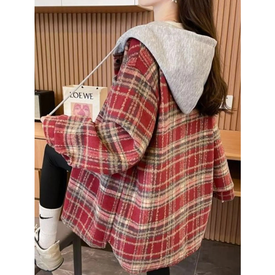 Plaid Button Up Hooded Shacket Apparel and Accessories