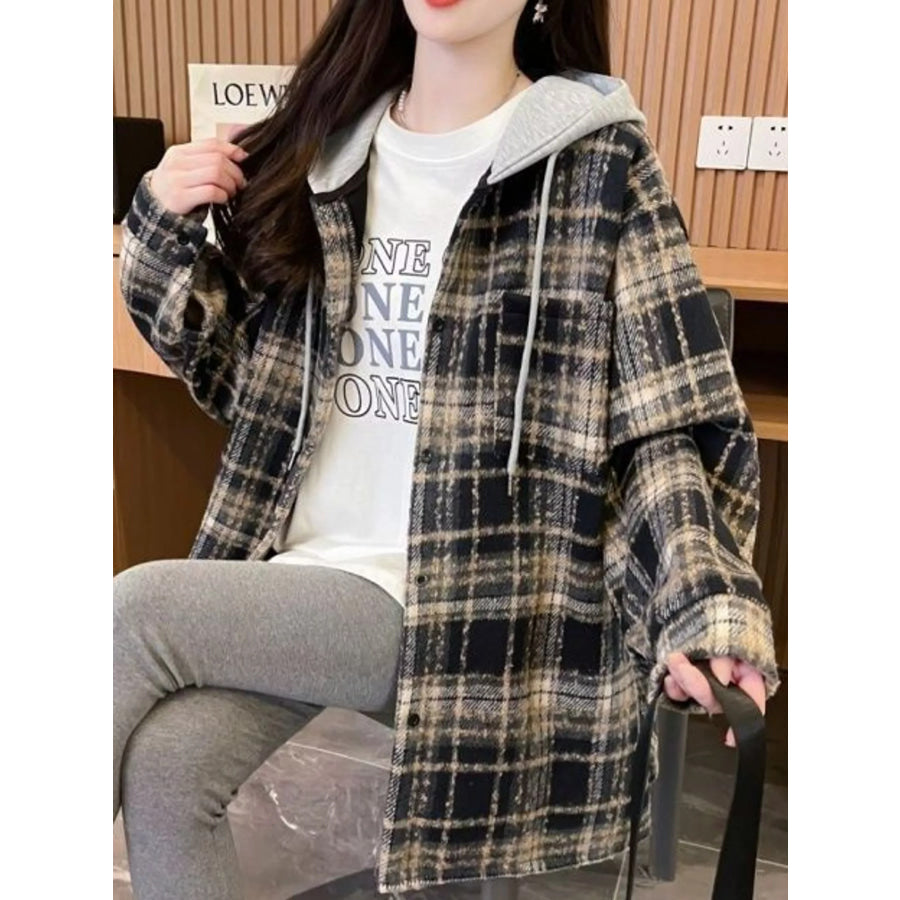 Plaid Button Up Hooded Shacket Apparel and Accessories