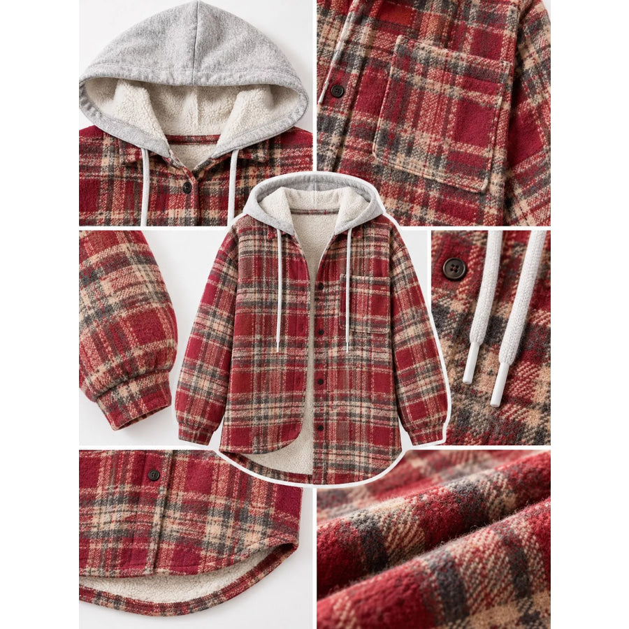 Plaid Button Up Hooded Shacket Apparel and Accessories