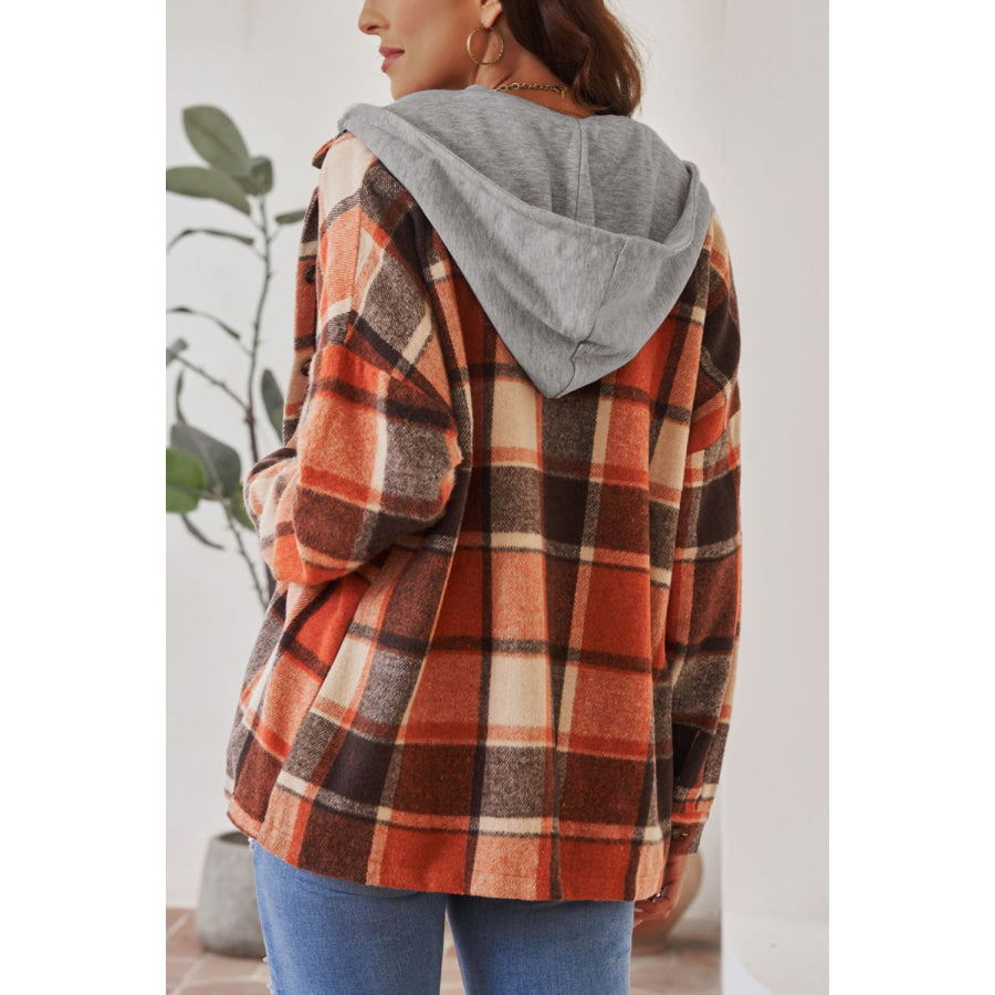 Plaid Button Up Hooded Shacket Apparel and Accessories