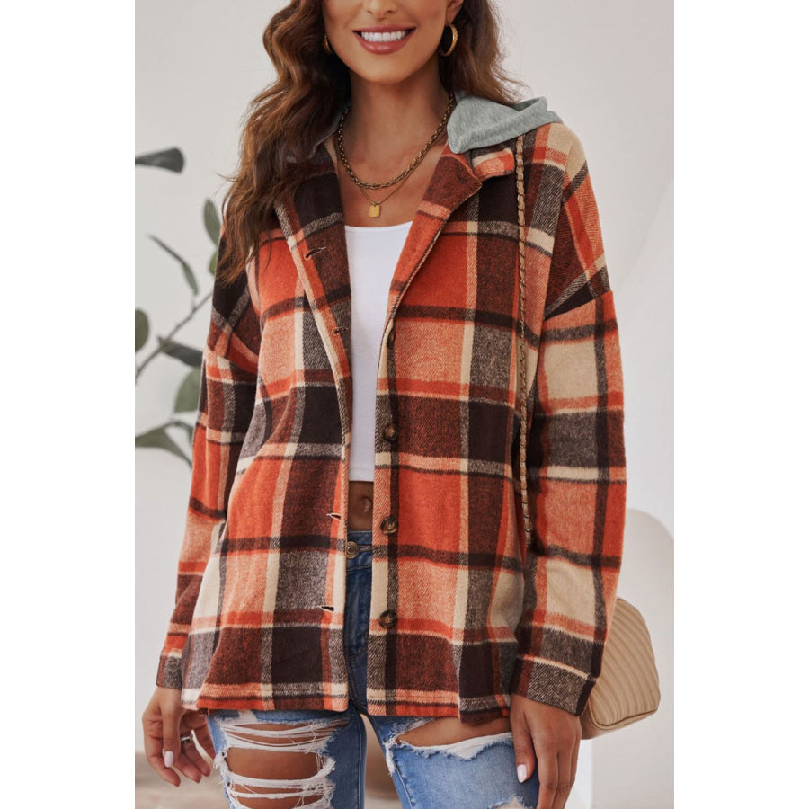 Plaid Button Up Hooded Shacket Apparel and Accessories