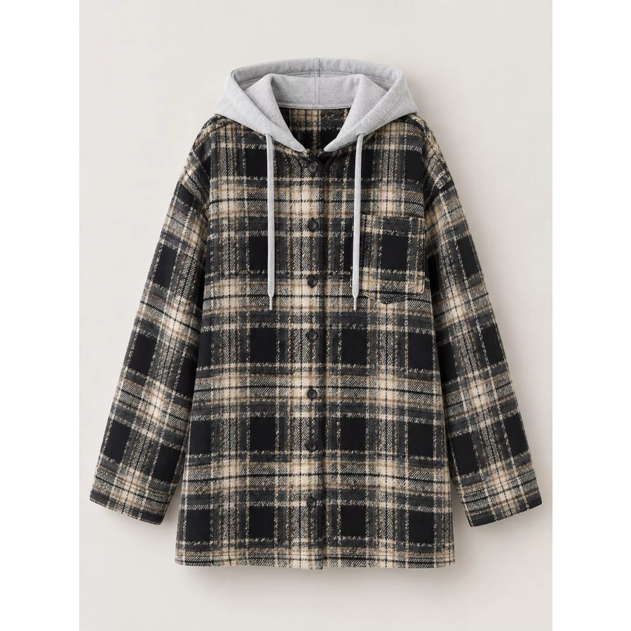 Plaid Button Up Hooded Shacket Apparel and Accessories