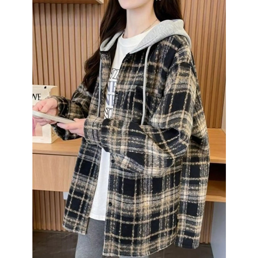 Plaid Button Up Hooded Shacket Black-Lightweight / M Apparel and Accessories