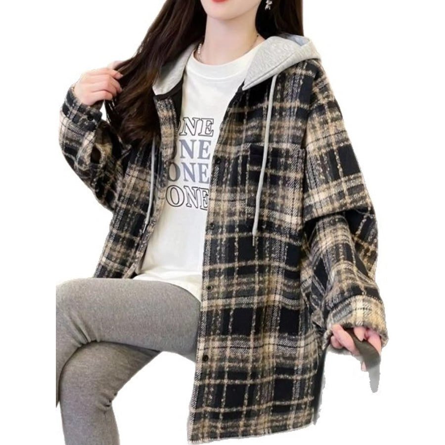 Plaid Button Up Hooded Shacket Black-Ultra-Soft Fleece-lined / M Apparel and Accessories