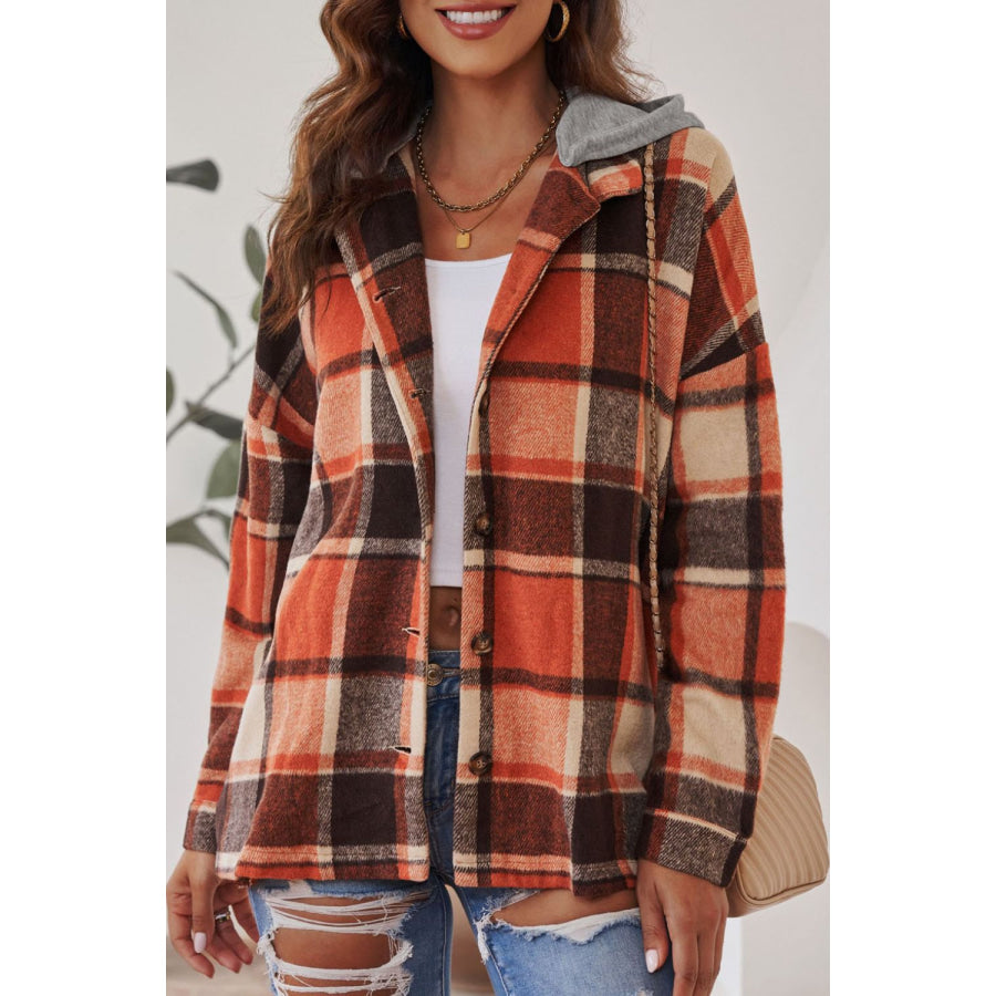 Plaid Button Up Hooded Shacket Orange / S Apparel and Accessories