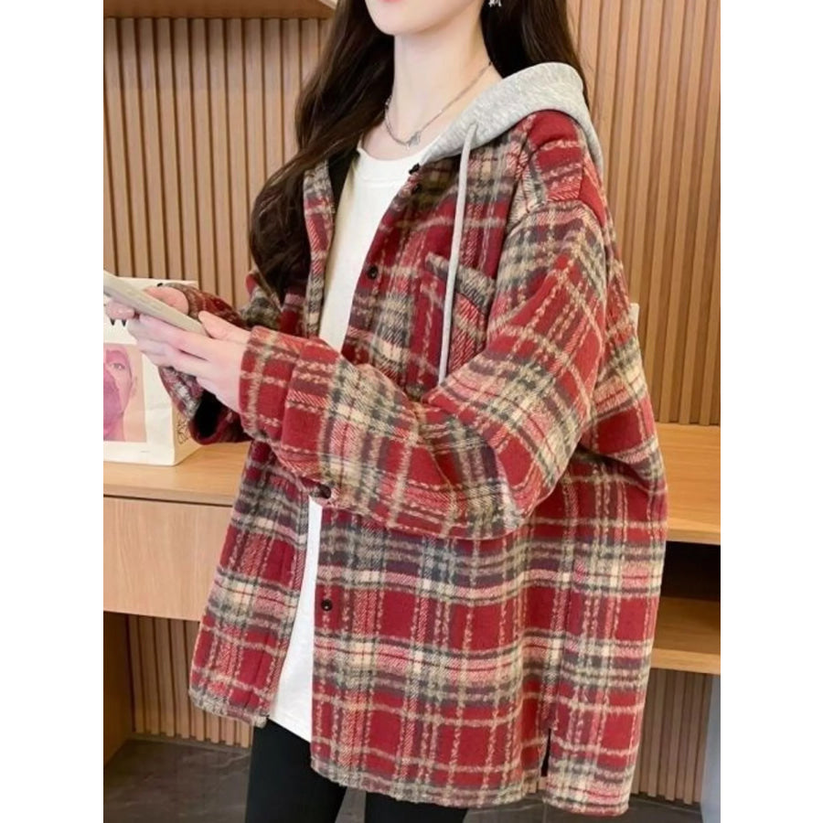 Plaid Button Up Hooded Shacket Red-Lightweight / M Apparel and Accessories