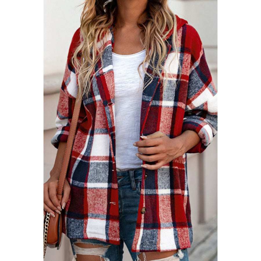 Plaid Button Up Hooded Shacket Red / S Apparel and Accessories