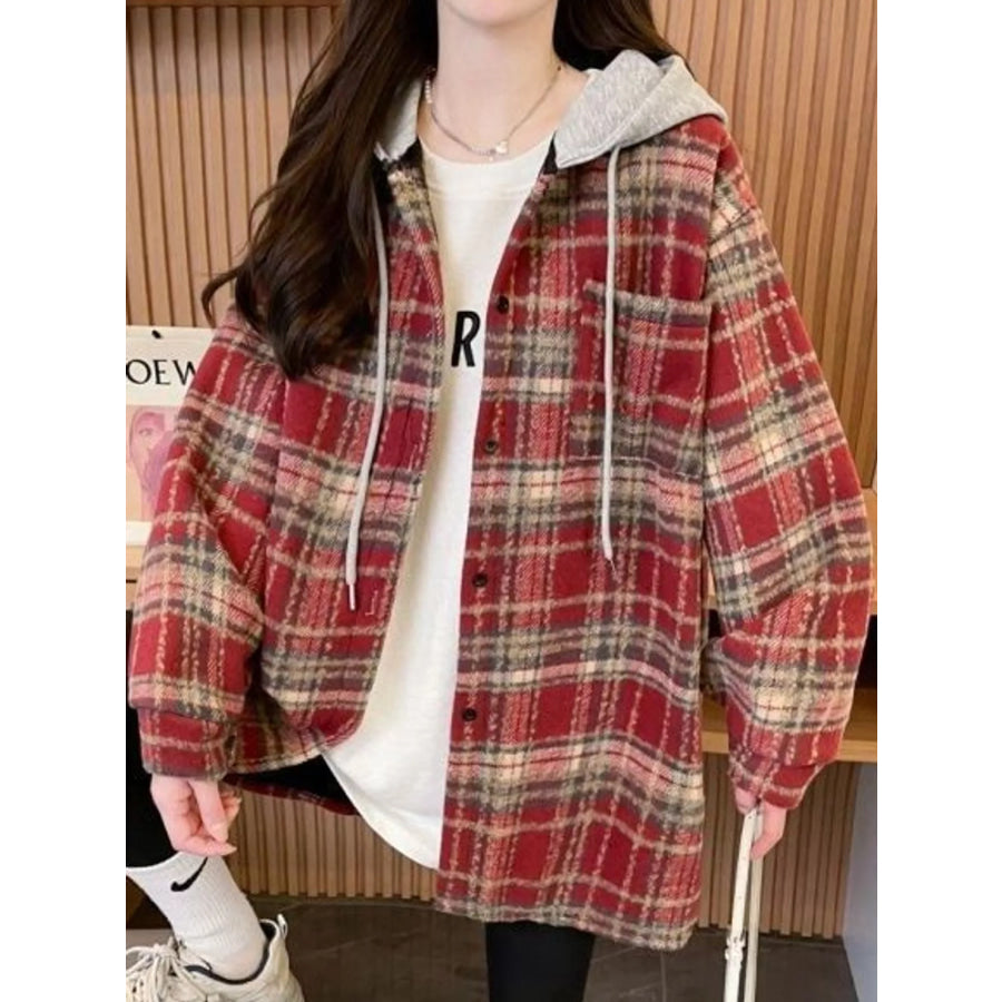 Plaid Button Up Hooded Shacket Red-Ultra-Soft Fleece-lined / M Apparel and Accessories