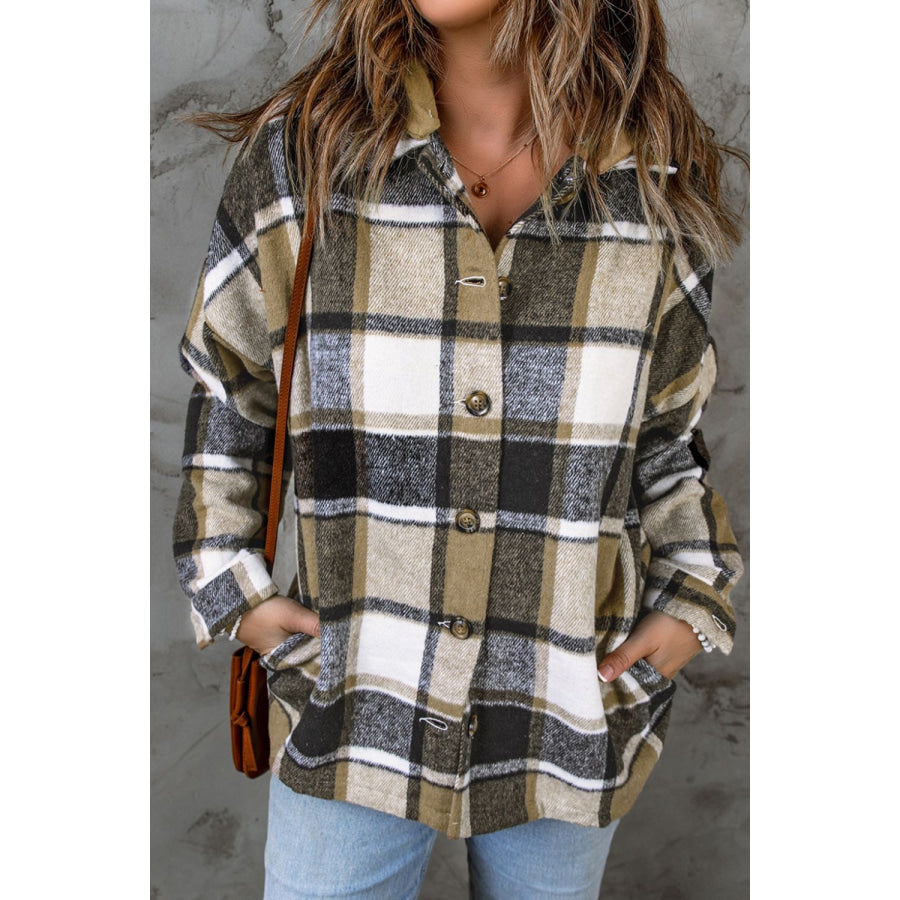 Plaid Button Up Hooded Shacket Tan / S Apparel and Accessories