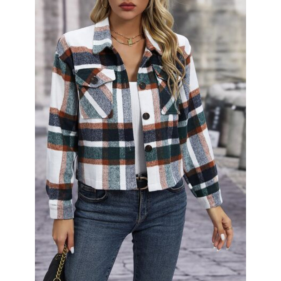 Plaid Button Up Jacket with Pockets Apparel and Accessories