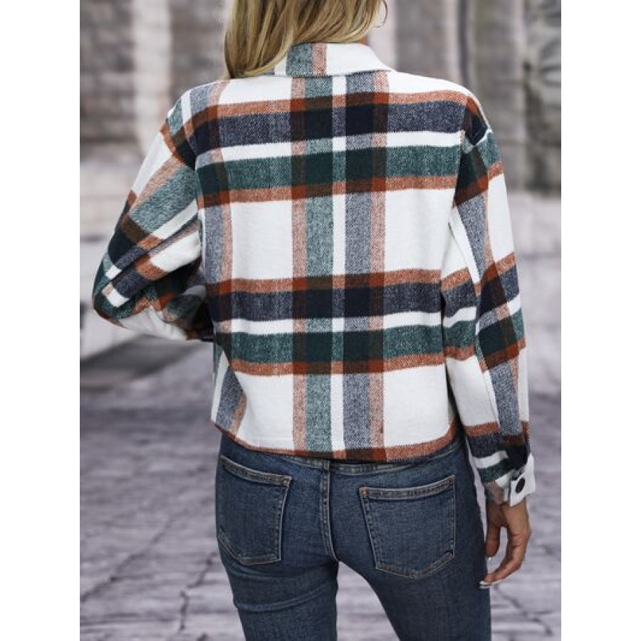 Plaid Button Up Jacket with Pockets Apparel and Accessories