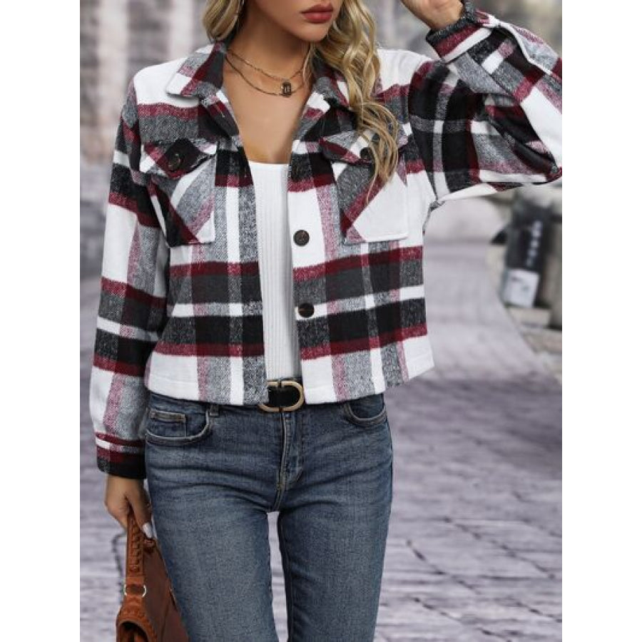 Plaid Button Up Jacket with Pockets Apparel and Accessories