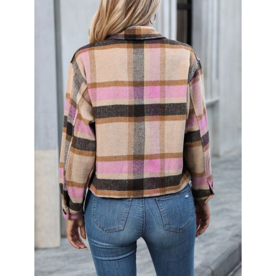 Plaid Button Up Jacket with Pockets Apparel and Accessories