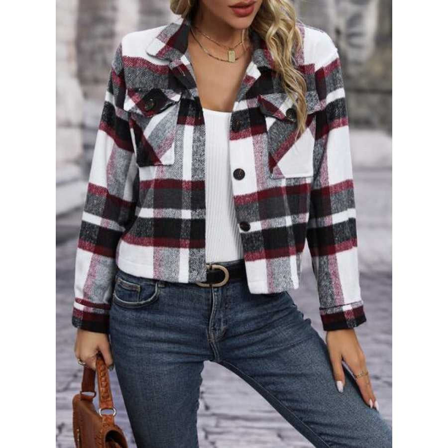 Plaid Button Up Jacket with Pockets Black / S Apparel and Accessories