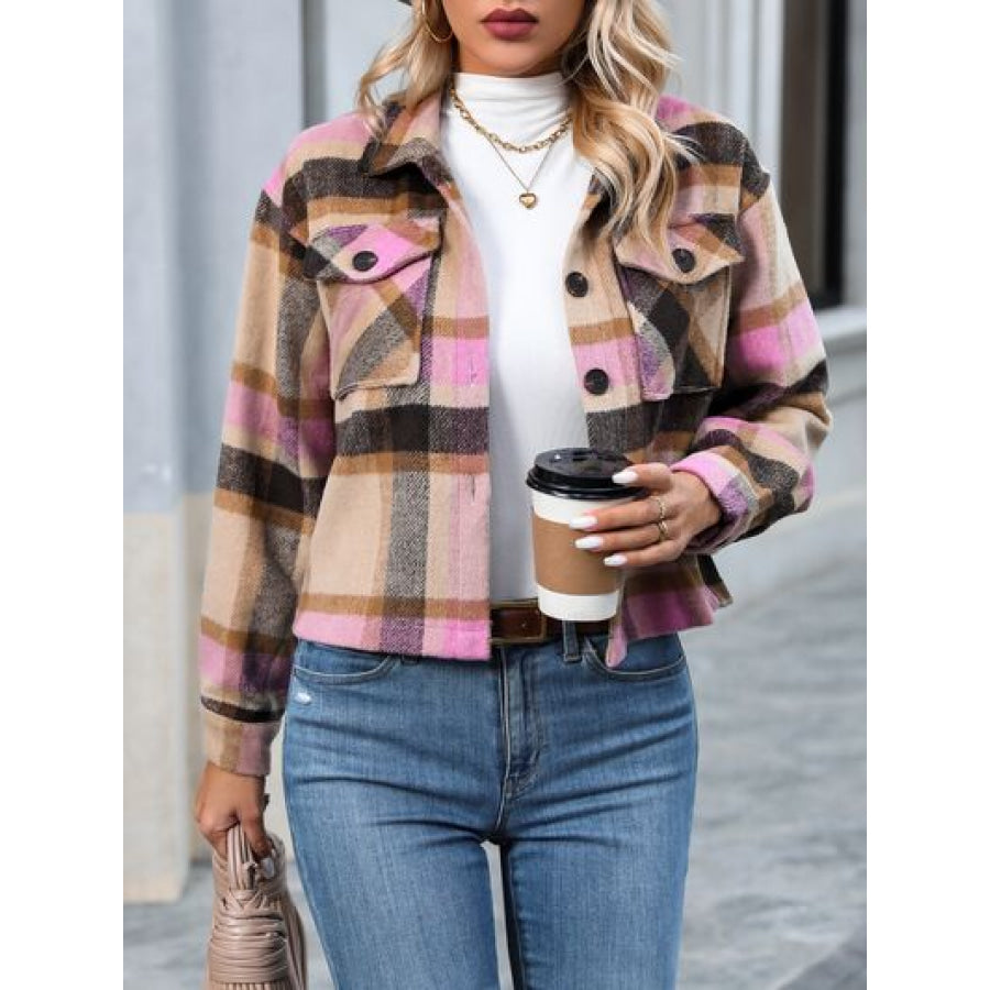 Plaid Button Up Jacket with Pockets Blush Pink / S Apparel and Accessories